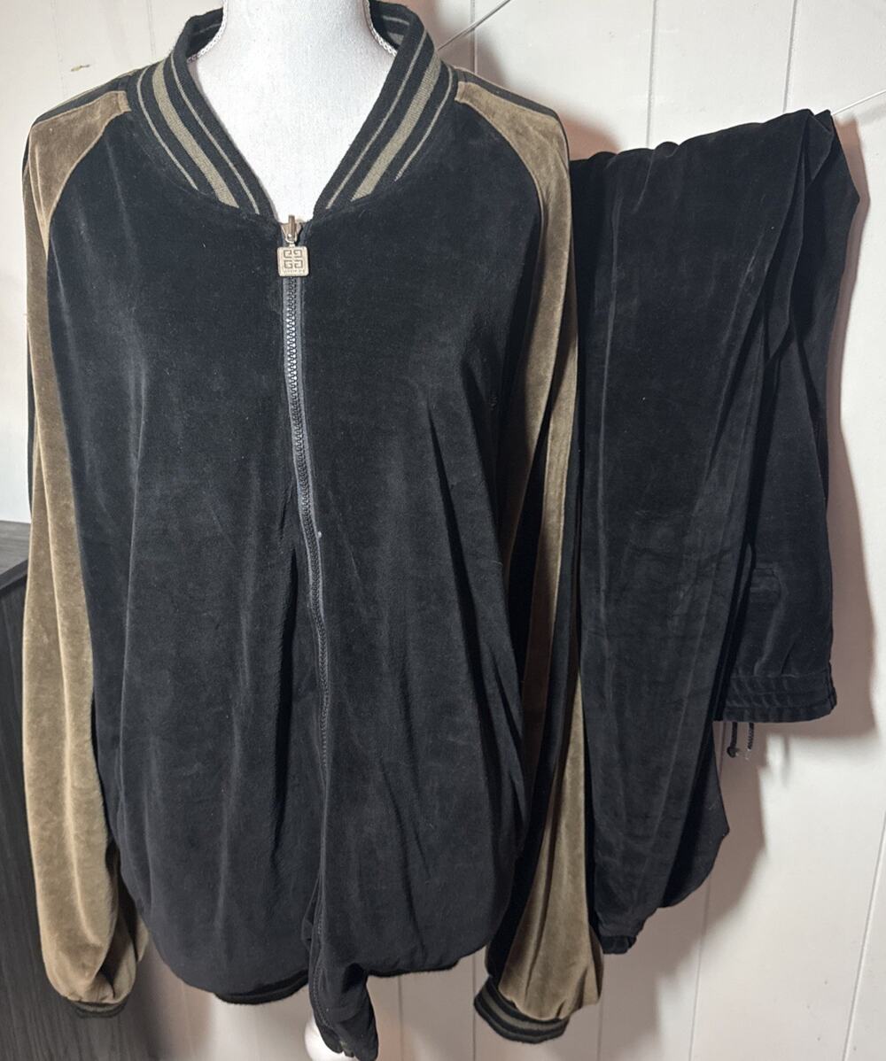 Vintage Givenchy Active 2 Piece Tracksuit Black Silk, Cotton Jacket Pants 3XL FF